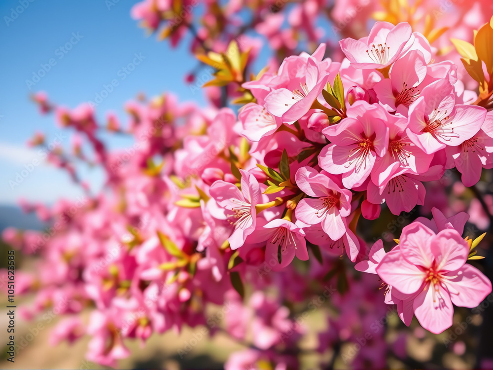 Blooming pink flowers on a clear spring day in a garden, showcasing nature's vibrant colors and delicate petals Blooming pink flowers on a clear spring day in a garden, showcasing nature's vibrant colors and delicate petals