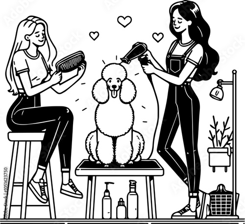 Black and white vector illustration line art in flat style on the theme of pet grooming where groomers comb and dry a dog