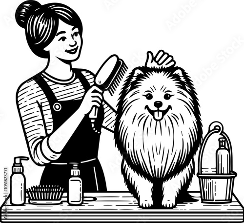 Black and white vector illustration line art in flat style on the theme of pet grooming where groomers comb and dry a dog