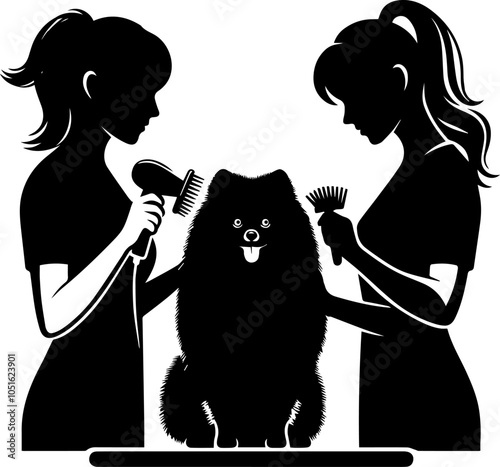 Black and white vector illustration line art in flat style on the theme of pet grooming where groomers comb and dry a dog