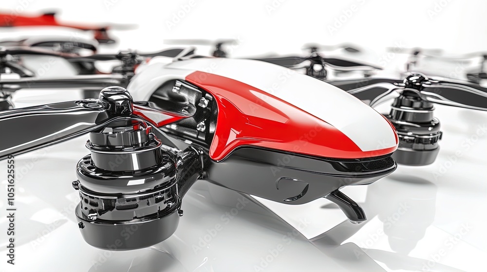 Fototapeta premium Stunning Aerodynamic Drone Poster: Featuring Unique Propellers and Striking Black & Red Design - Perfect for Modern Sports Interior Decor!