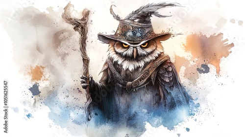 Majestic Owl Wizard Poster: Enchanting Watercolor Art with Intricate Hat and Magical Staff, Perfect for Whimsical Home Décor or Child’s Room. photo