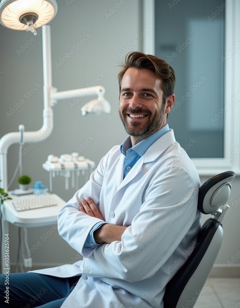 Smiling denist in a modern, bright office, wearing a white coat and glasses, exuding professionalism and warmth.