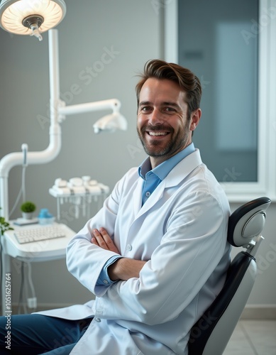 Obraz na płótnie Smiling denist in a modern, bright office, wearing a white coat and glasses, exuding professionalism and warmth. w salonie