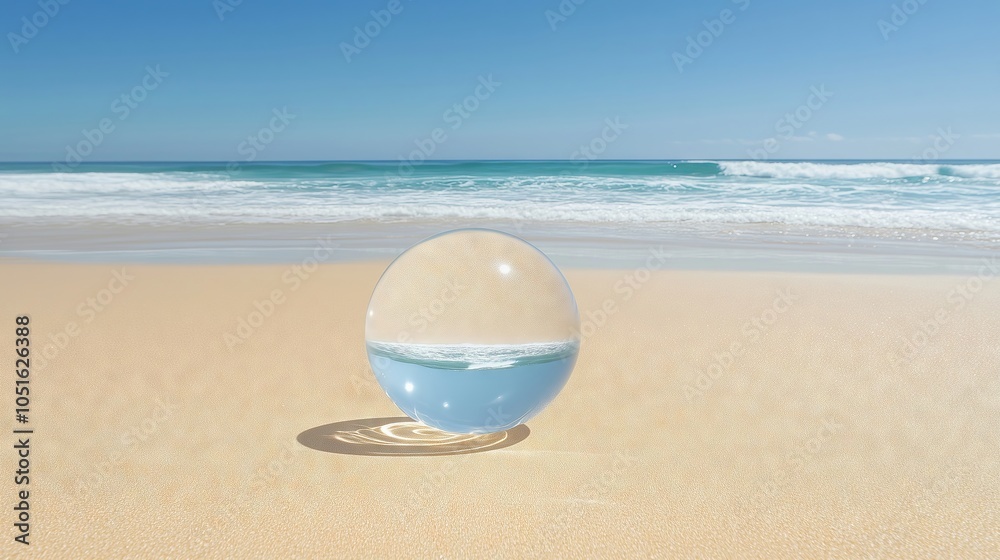 Crystal ball reflecting ocean waves on sandy beach Crystal ball reflecting ocean waves on sandy beach