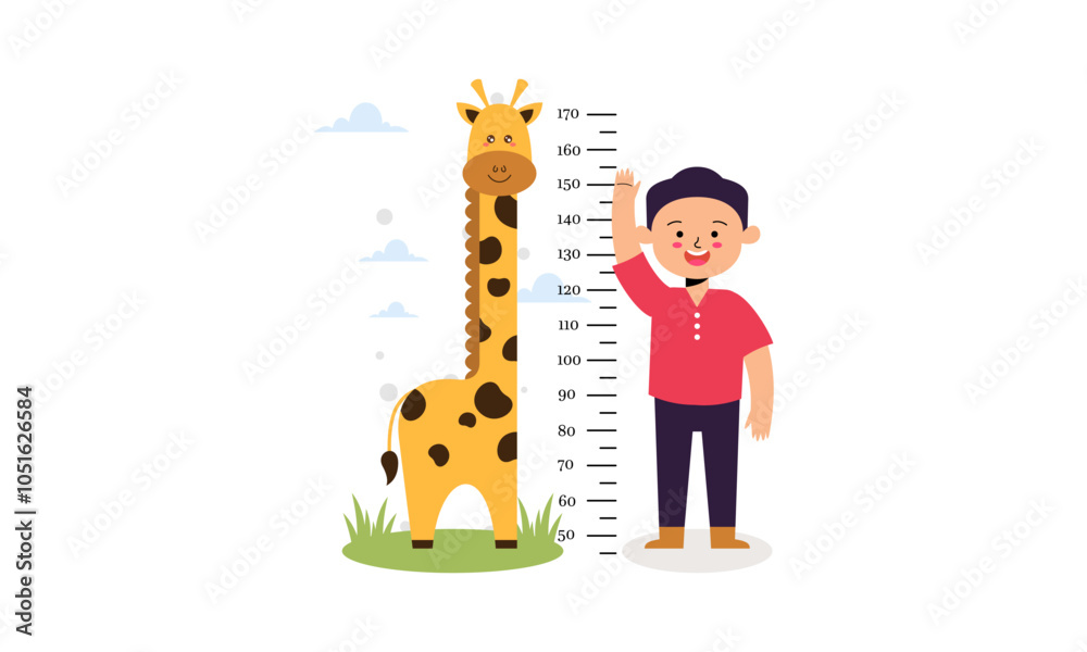 Cute Little Boy Measuring His Height with Cute Animal Growth Ruler on White Background Illustration