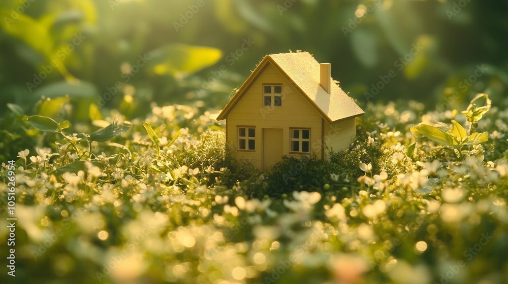 Small wooden house model stands in blooming meadow during sunset Small wooden house model stands in blooming meadow during sunset