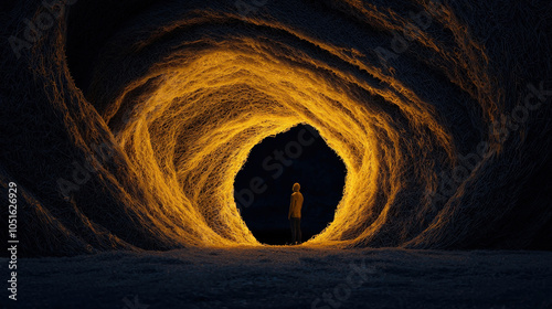 person stands inside glowing digital cocoon, surrounded by swirling hay like textures. warm light creates captivating atmosphere, evoking feelings of wonder and curiosity photo