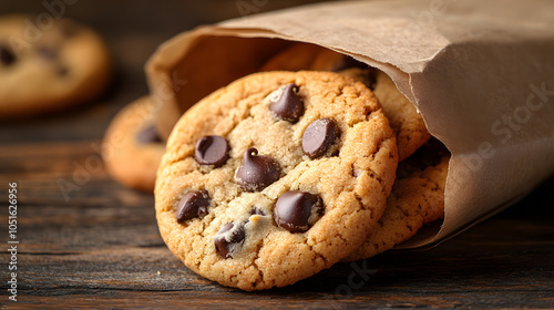 A Brown Paper Bag Filled with Delicious Chocolate Chip Cookies Sitting on a Wooden Table – A Tempting Treat That Evokes Warm Memories of Baking, Perfect for Food Lovers, Dessert Enthusiasts, and Nosta photo