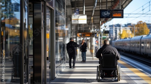 Wallpaper Mural Wheelchair User Navigating Modern Train Station Platform during Daytime Commute Torontodigital.ca