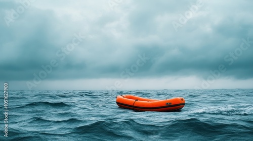 A small orange life raft bobs in the choppy waves of a stormy sea, a symbol of hope and resilience.