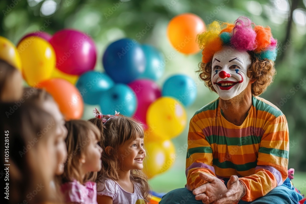A clown in a colorful costume entertains a group of children with balloons in the background. A clown in a colorful costume entertains a group of children with balloons in the background.