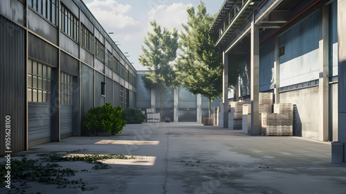 Industrial courtyard with sunlight and greenery