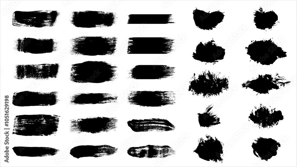 Set of black paint, ink brush, brush strokes, brushes, brush splashes, lines, frames. Dirty element design, box, grunge, texture or background for text. Vector illustration. Shapes for your design Set of black paint, ink brush, brush strokes, brushes, brush splashes, lines, frames. Dirty element design, box, grunge, texture or background for text. Vector illustration. Shapes for your design