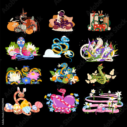 Colorful snakes. vector set Cartoon cute reptiles collection animals characters. Danger wildlife. Cobra and python. Venomous viper. Terrarium serpents