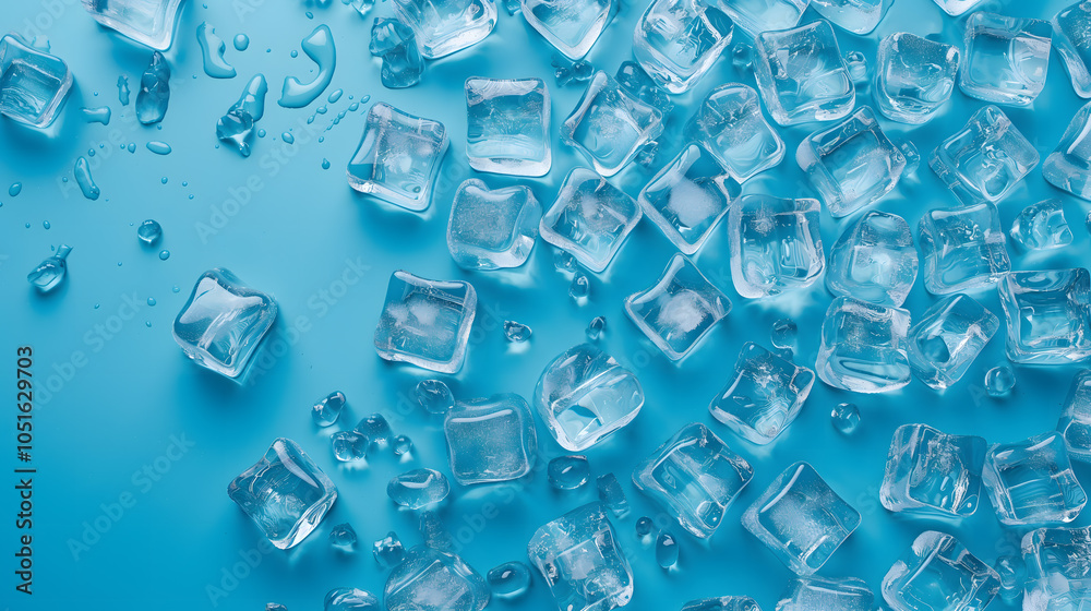 Crystal Clear Ice Cubes Scattered on a Vibrant Blue Background Crystal Clear Ice Cubes Scattered on a Vibrant Blue Background