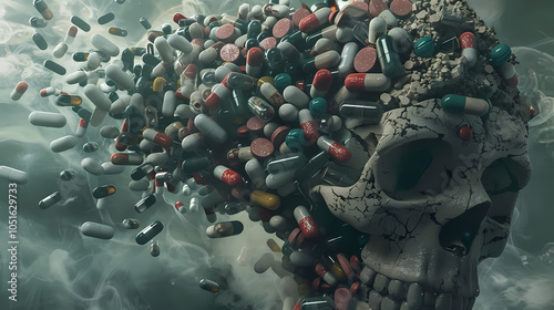 Pills swirling in chaotic storm with dark background