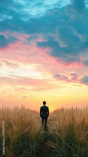 person in formal suit stands in field of tall grass, gazing at vibrant sunset with colorful clouds. scene evokes sense of reflection and tranquility