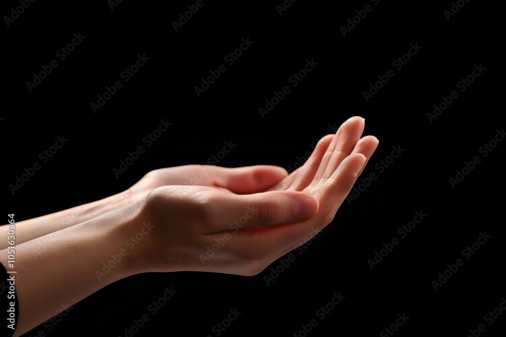 Praying Hands with White Embroidered Robe Against Dark Background Praying Hands with White Embroidered Robe Against Dark Background
