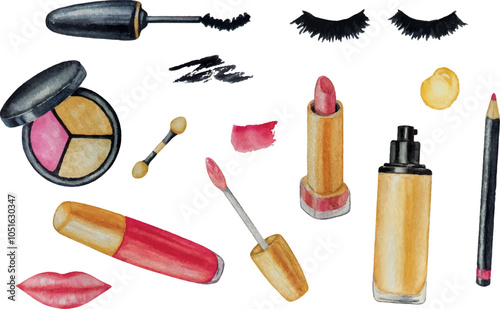 Vector makeup cosmetics set. Eye shadow foundation mascara lipstick lip gloss. Isolated on white background. Watercolor illustration. For your design