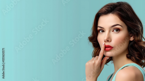 Young Woman Gesturing Silence with Finger on Lips Against Blue Background