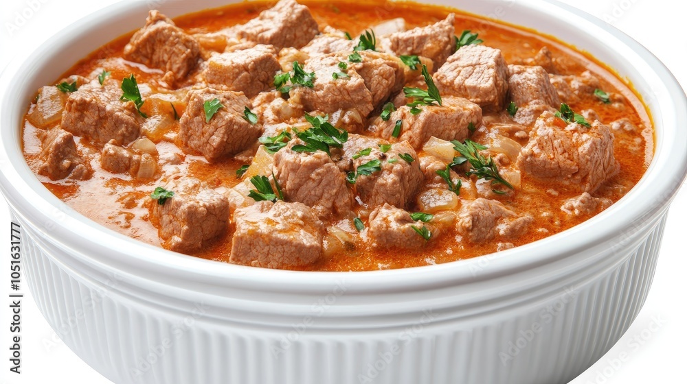 A white bowl of beef stew with onions and parsley. A white bowl of beef stew with onions and parsley.