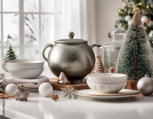 Wallpaper Mural Christmas table setting with teapot and empty bowls waiting for guests Torontodigital.ca