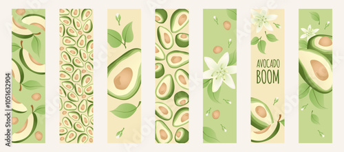 Summer sale banner. Hello summer. Set summer, spring bookmarks. Avocado slice, leaves, flowers. Healthy vegan food.