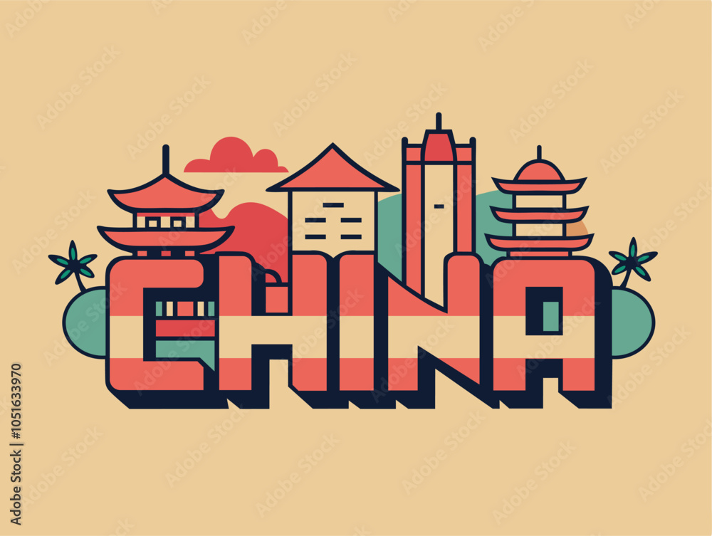 China Typography with Iconic Architectural Elements, illustration can be used as logo or t-shirt print China Typography with Iconic Architectural Elements, illustration can be used as logo or t-shirt print