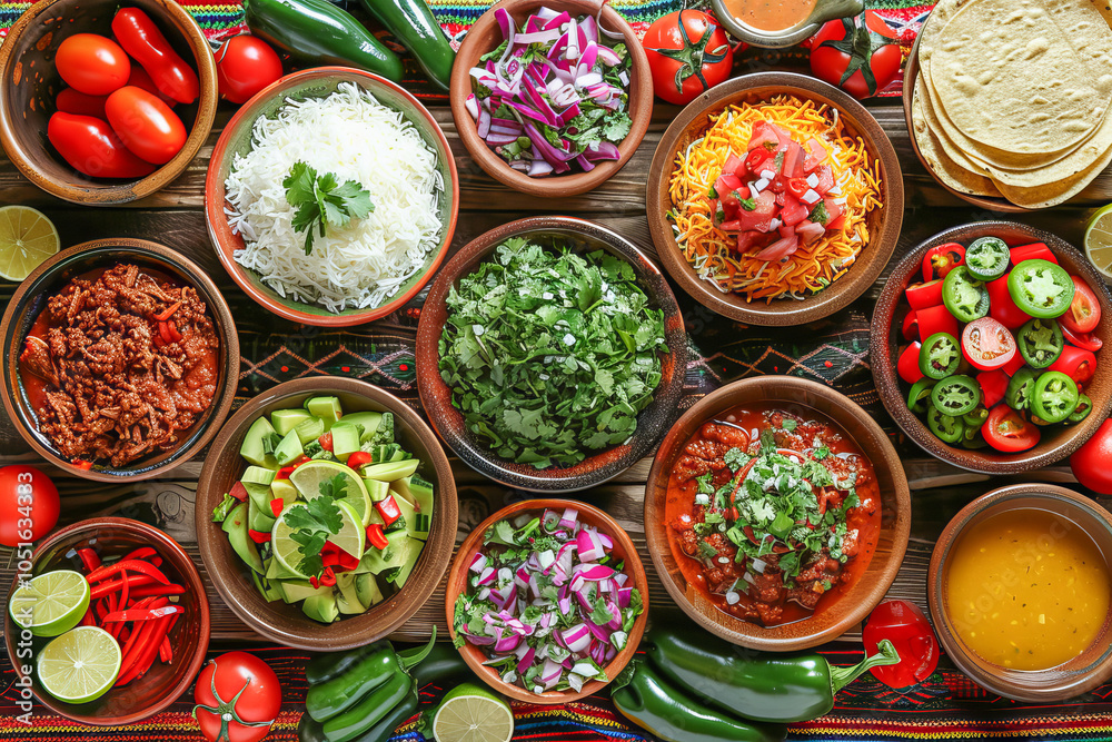 Festive mexican food ingredients arranged on table