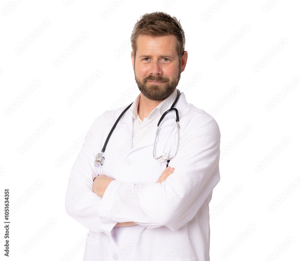Young smiling male doctor posing with arms folded isolated on transparent background. Young smiling male doctor posing with arms folded isolated on transparent background.