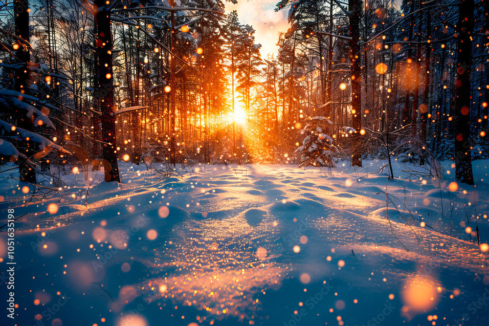 Bright winter sun shining through snowy forest at sunset Bright winter sun shining through snowy forest at sunset