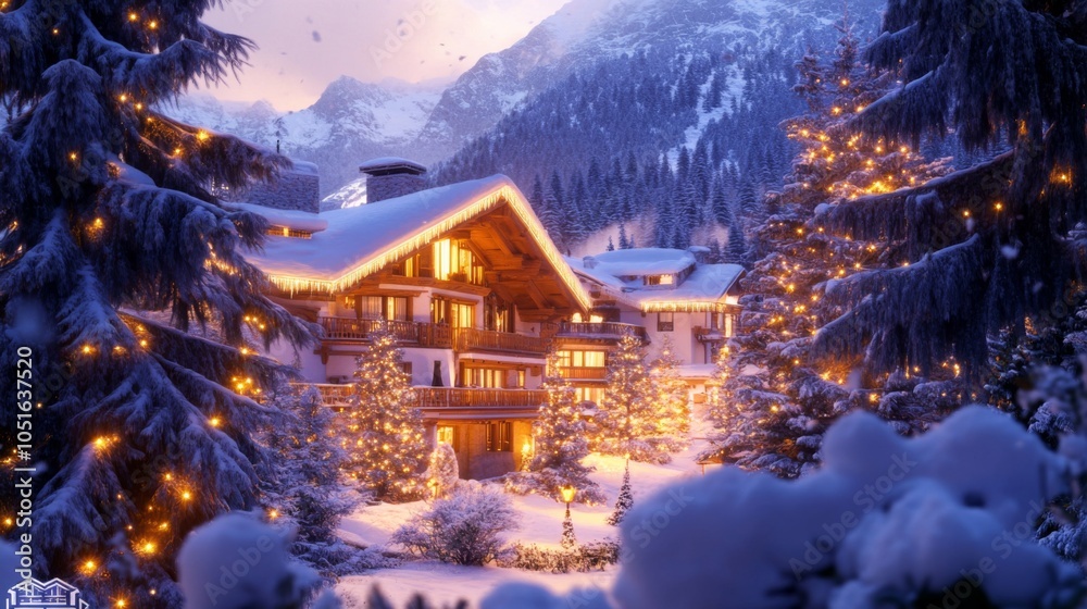 Fototapeta premium Luxurious Lodge in a Snowy Mountain Landscape