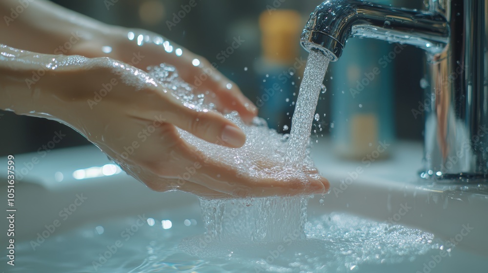 Fototapeta premium Washing Hands with Running Water in a Bathroom Sink