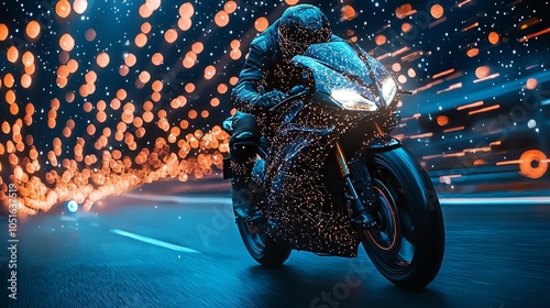 A motorcyclist in dark gear races through a futuristic cityscape, surrounded by vibrant neon lights, creating a dynamic sense of speed and motion. photo