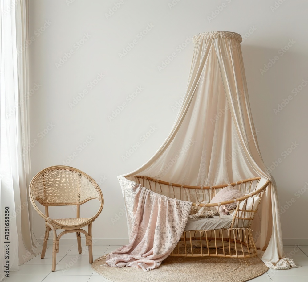 A white wicker crib with a light pink blanket and a canopy in a white room A white wicker crib with a light pink blanket and a canopy in a white room