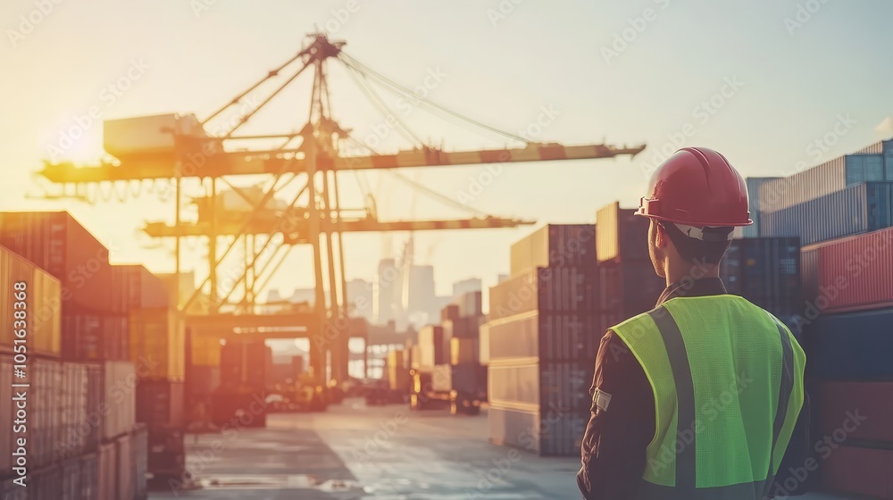 Bustling port operations, worker in safety gear inspects shipping container worker Bustling port operations, worker in safety gear inspects shipping container worker