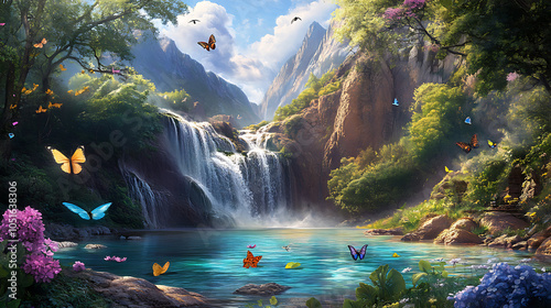 A scenic landscape featuring a waterfall pouring into a tranquil swimming hole, with butterflies and birds adding to the serene atmosphere 