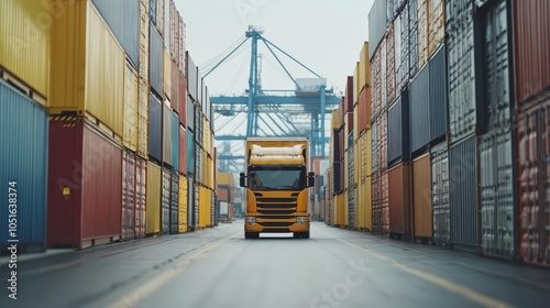 Truck navigating narrow passageway amidst stacks of shipping containers, glimpse into modern logistics