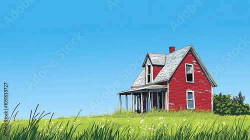Wallpaper Mural Red house on green hill under blue sky, vintage style illustration Torontodigital.ca