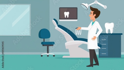 Cheerful denist in a white coat, posing confidently in a stylish dental clinic. photo