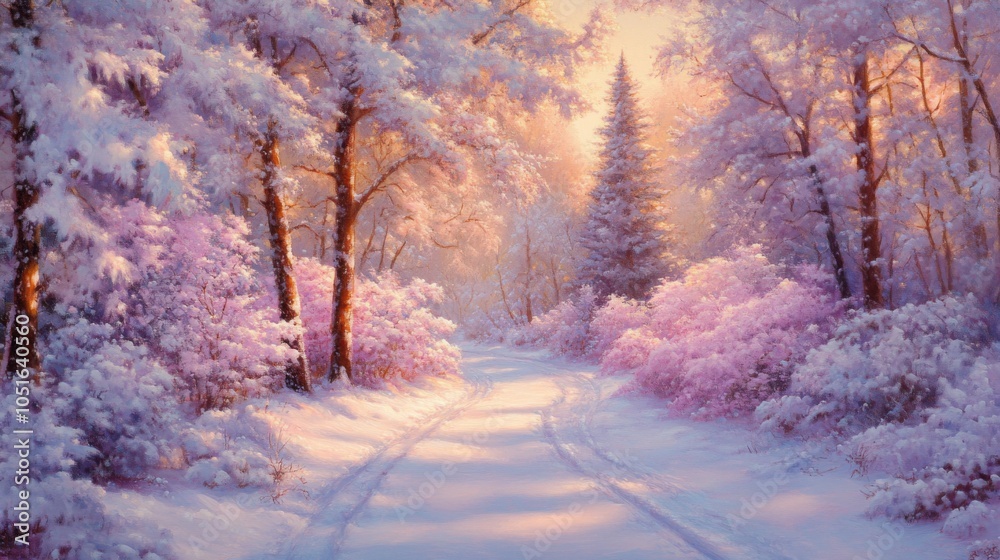 Obraz premium Serene Winter Pathway Through Snowy Forest