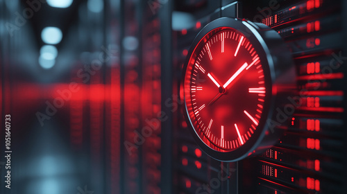 Neon red clock against a background of server racks, adding a sense of urgency and time management in a high-tech setting photo