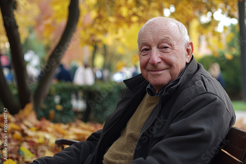 Elderly man sitting in a park, smiling gently, surrounded by autumn leaves