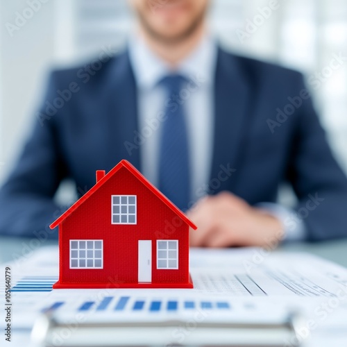 A red house model on a business report with a professional in the background.