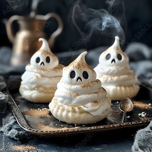 Creepy Ghost Meringue Desserts on Dark Baking Tray with Smoke photo