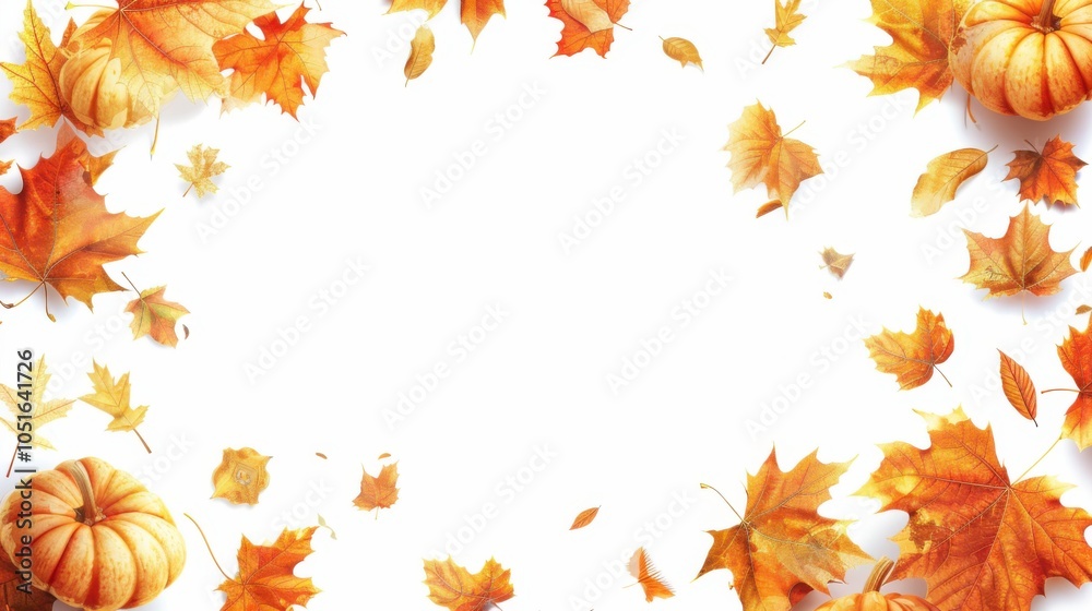 A composition of leaves, pumpkins and other elements in orange and yellow tones, representing spring. There is space for text in the center. Designed for use in design or presentations. A composition of leaves, pumpkins and other elements in orange and yellow tones, representing spring. There is space for text in the center. Designed for use in design or presentations.