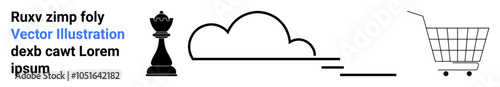 Chess piece alongside cloud and shopping cart symbols suggests strategic planning, digital transformation, and e-commerce innovation. Ideal for online business, technology, cloud services