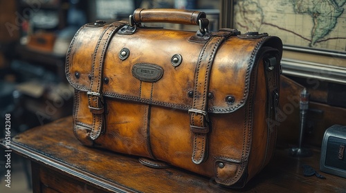 Vintage Leather Briefcase with Distressed Finish and Decorative Hardware