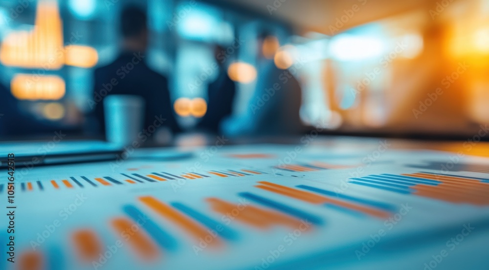 Charts and reports lie on a well-lit office table, indicating business analytics, while a blurred backdrop captures workplace conversations and tasks. Charts and reports lie on a well-lit office table, indicating business analytics, while a blurred backdrop captures workplace conversations and tasks.